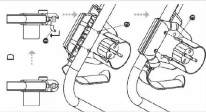 Technical diagram illustrating mechanical assembly steps with labeled components and directional arrows