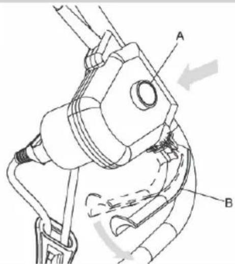 Technical diagram of a mechanical device with labeled parts A and B, showing internal components and directional arrows.
