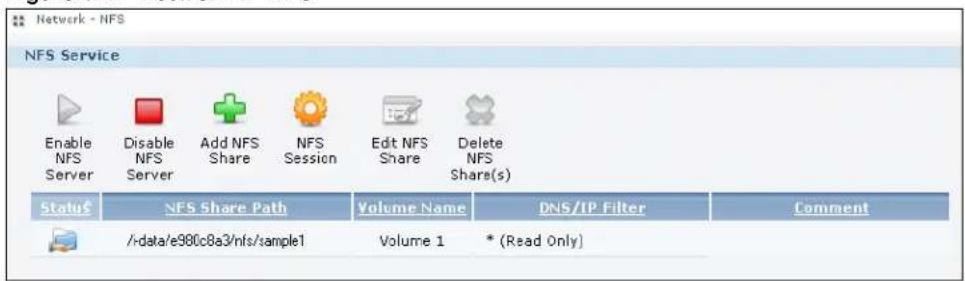 Network - NFS NFS Service Enable NFS Server Disable NFS Server Add NFS Share NFS Session Edit NFS Share Delete NFS Share(s) Status NFS Share Path Volume Name DNS/IP Filter Comment :/data/e980c8a3/nfs/sample1 Volume 1 * (Read Only)