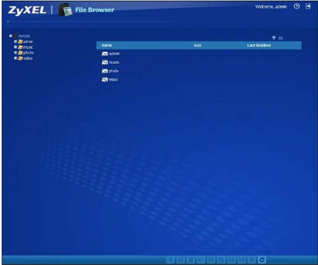 ZyXEL | File Browser Welcome, admin ? MyNAS admin music photo video Name Size Last Modified admin music photo video