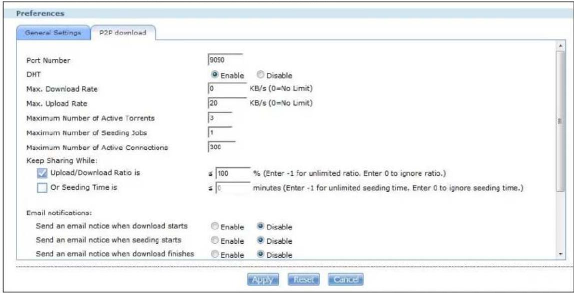 Preferences General Settings P2P download Port Number 9050 DHT Enable Disable Max. Download Rate 0 KB/s (0=No Limit) Max. Upload Rate 20 KB/s (0=No Limit) Maximum Number of Active Torrents 3 Maximum Number of Seeding Jobs 1 Maximum Number of Active Connections 300 Keep Sharing While: ✓ Upload/Download Ratio is ≤ 100 % (Enter -1 for unlimited ratio. Enter 0 to ignore ratio.) □ Or Seeding Time is ≤ 0 minutes (Enter -1 for unlimited seeding time. Enter 0 to ignore seeding time.) Email notifications: Send an email notice when download starts Enable Disable Send an email notice when seeding starts Enable Disable Send an email notice when download finishes Enable Disable Apply Reset Cancel