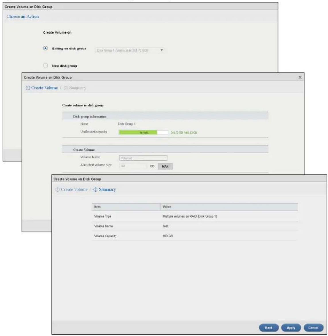 Create Volume on Disk Group Choose an Action Create Volume on Exiting on disk group Disk Group 1 (unallocated 361.72 GB) New disk group Create Volume on Disk Group ① Create Volume / Summary Create volume on disk group Disk group information Name Disk Group 1 Unallocated capacity 18.13% 361.72 GB 1461.92 GB Create Volume Volume Name Volume2 Allocated volume size GB MAX Create Volume on Disk Group ① Create Volume / Summary Item Value Volume Type Multiple volumes on RAID (Disk Group 1) Volume Name Test Volume Capacity 100 GB Back Apply Cancel
