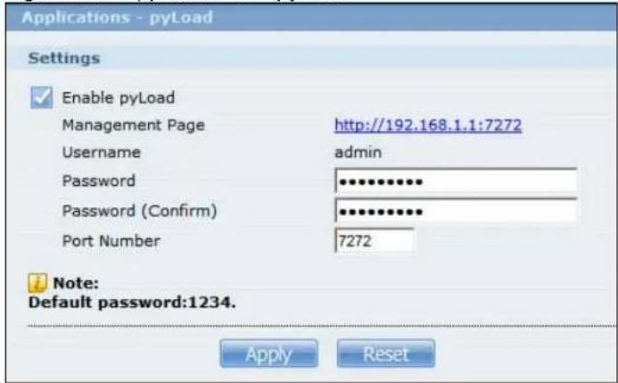 Applications - pyLoad Settings Enable pyLoad Management Page http://192.168.1.1:7272 Username admin Password ••••••••••• Password (Confirm) ••••••••••• Port Number 7272 Note: Default password:1234. Apply Reset
