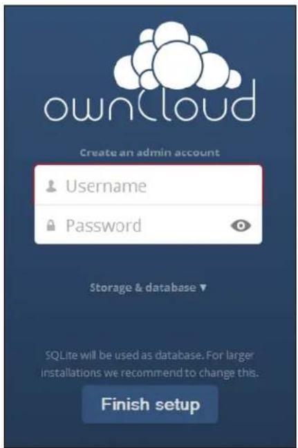 ownCloud Create an admin account Username Password Storage & database ▼ SQLite will be used as database. For larger installations we recommend to change this. Finish setup