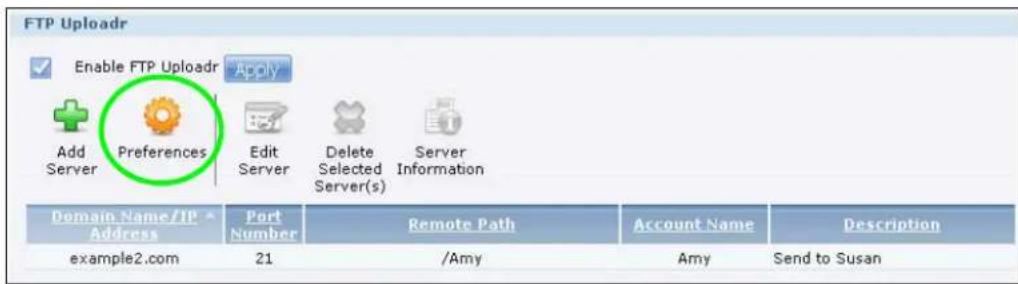 FTP Uploadr Enable FTP Uploadr Apply Add Server Preferences Edit Server Delete Selected Server(s) Server Information Domain Name/ITP Address Port Number Remote Path Account Name Description example2.com 21 /Amy Amy Send to Susan