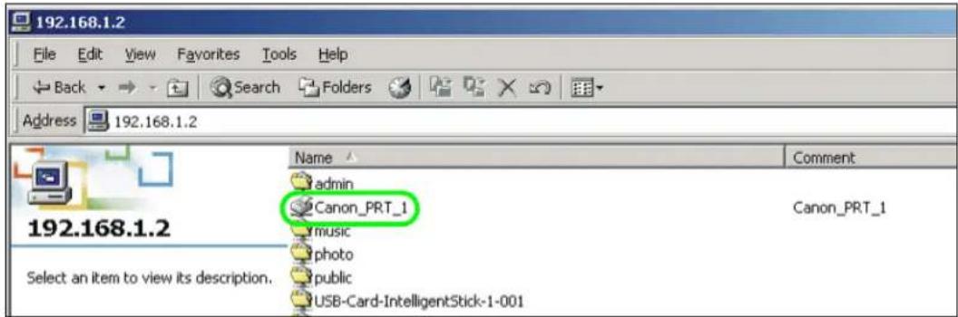192.168.1.2 File Edit View Favorites Tools Help Back Search Folders Address 192.168.1.2 192.168.1.2 Select an item to view its description. Name Comment admin Canon_PRT_1 music photo public USB-Card-IntelligentStick-1-001 Canon_PRT_1