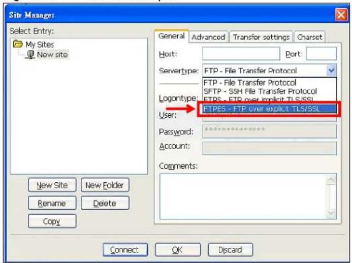 Site Manager Select Entry: My Sites Now site General Advanced Transfer settings Charset Host: Port: Servertype: FTP - File Transfer Protocol FTP - File Transfer Protocol SFTP - SSH File Transfer Protocol ETPS - FTP over implicit TLS/SSL Logontype: FTPES - FTP over explicit TLS/SSL User: Password: ********** Account: Comments: New Site New Folder Rename Delete Copy Connect OK Discard