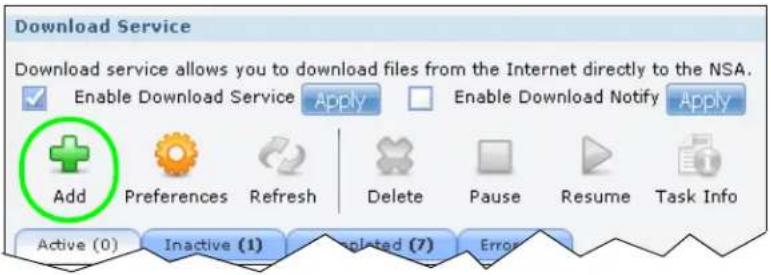 Download Service Download service allows you to download files from the Internet directly to the NSA. Enable Download Service Apply Enable Download Notify Apply Add Preferences Refresh Delete Pause Resume Task Info Active (0) Inactive (1) Applated (7) Error