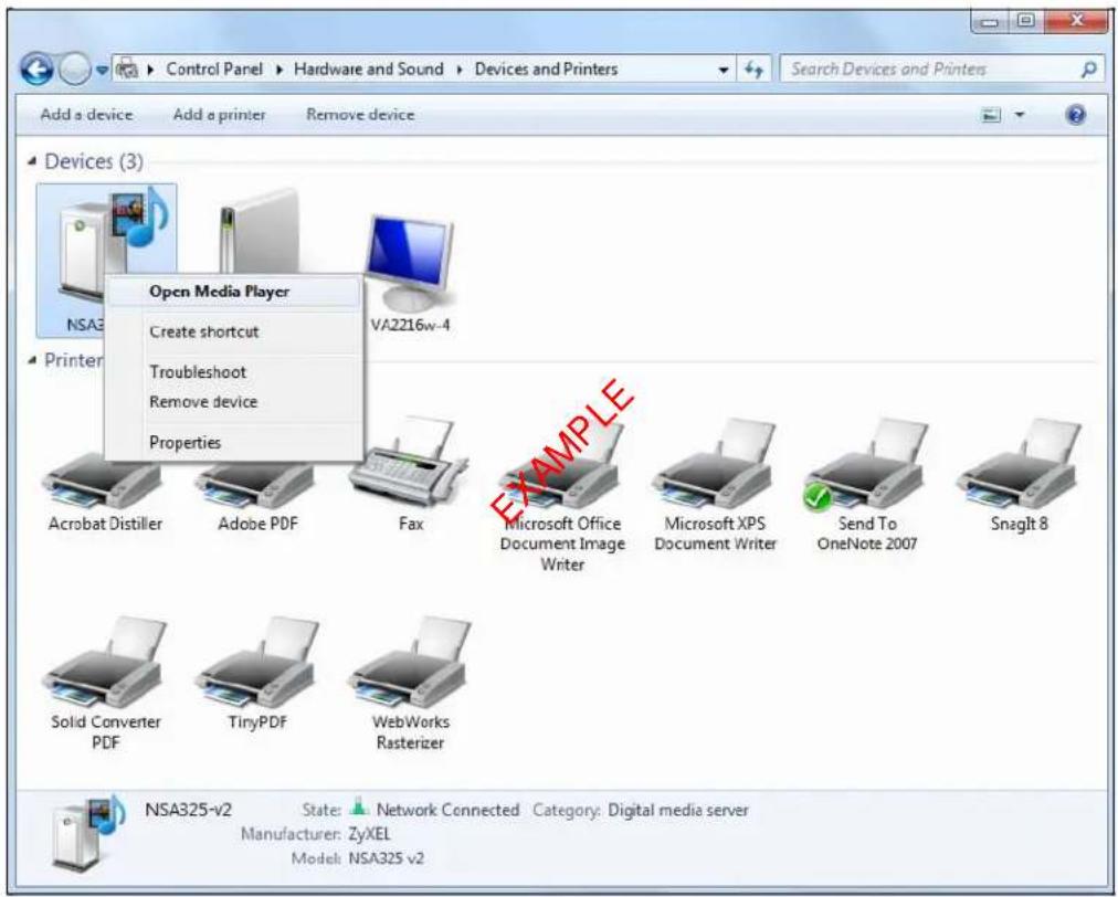 Control Panel > Hardware and Sound > Devices and Printers Add a device Add a printer Remove device Devices (3) Open Media Player Create shortcut Troubleshoot Remove device Properties NSA2 Printer VA2216w-4 Acrobat Distiller Adobe PDF Fax Microsoft Office Document Image Writer Microsoft XPS Document Writer Send To OneNote 2007 Snaglt 8 Solid Converter PDF TinyPDF WebWorks Rasterizer NSA325-v2 State: Network Connected Category: Digital media server Manufacturer: ZyXEL Model: NSA325 v2
