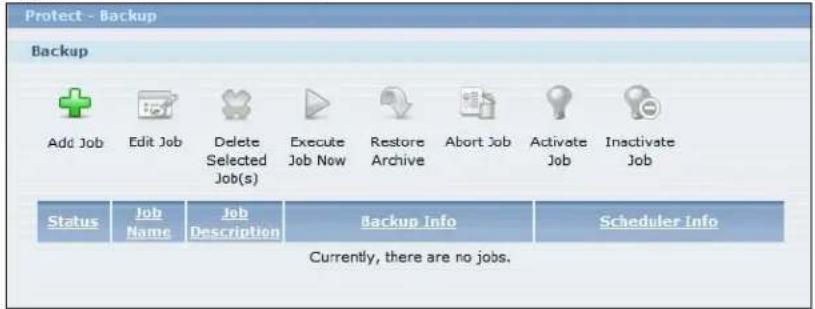 Protect - Backup Backup Add Job Edit Job Delete Selected Job(s) Execute Job Now Restore Archive Abort Job Activate Job Inactivate Job Status Job Name Job Description Backup Info Scheduler Info Currently, there are no jobs.