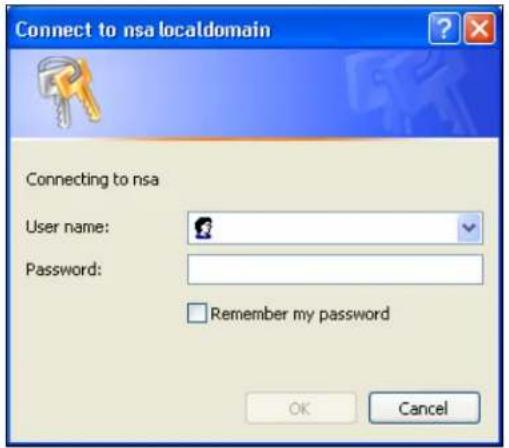 Connect to nsa localdomain Connecting to nsa User name: Password: Remember my password OK Cancel