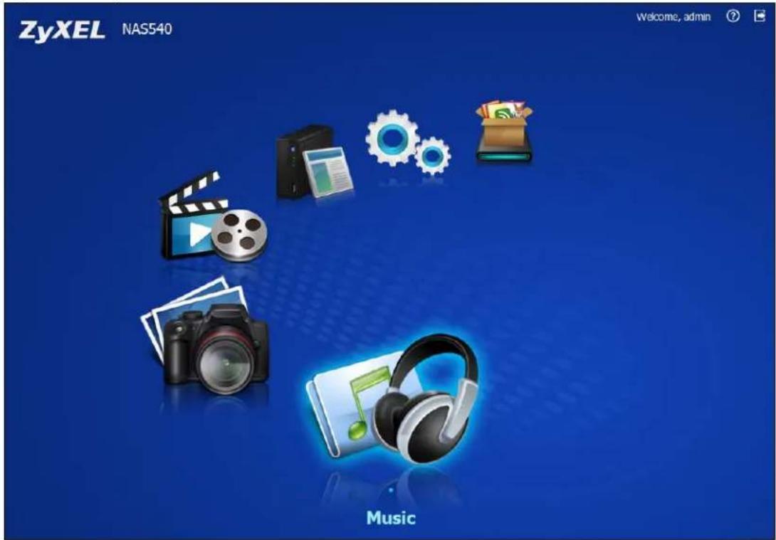ZyXEL NAS540 Welcome, admin ? Music