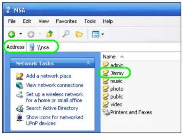 NSA File Edit View Favorites Tools Help Address \nsa Network Tasks Add a network place View network connections Set up a wireless network for a home or small office Search Active Directory Show icons for networked UPnP devices Name admin Jimmy music photo public video Printers and Faxes