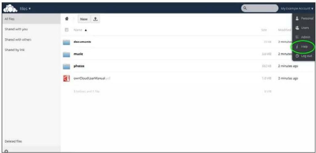 Files All Files Shared with you Shared with others Shared by ink New Name documents music photos ownCloudUserManual 3 files and 7 files My Example Account Personal Users Admin Hep 2 minutes ago 2 minutes ago Log out 2 minutes ago 2 minutes ago 8 V/B 9 V/B Deleted files