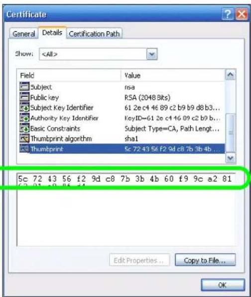 Certificate General Details Certification Path Show: Field Value Subject nsa Public key RSA (2048 Bits) Subject Key Identifier 61 2e c4 46 89 c2 b9 b9 d8 b3... Authority Key Identifier(KeyID=61 2e c4 46 89 c2 b9 b... Basic Constraints Subject Type=CA, Path Lengt... Thumbprint algorithm sha1 Thumbprint 5c 72 43 56 f2 9d c8 7b 3b 4b ... 5c 72 43 56 f2 9d c8 7b 3b 4b ... Edit Properties... Copy to File... OK