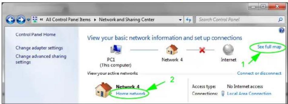 All Control Panel Items ▶ Network and Sharing Center Search Control Panel Control Panel Home Change adapter settings Change advanced sharing settings View your basic network information and set up connections PC1 (This computer) Network 4 View your active networks Internet 1 See full map Connect or disconnect Network 4 Home network Access type: No Internet access Connections: Local Area Connection