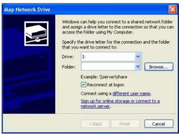 Map Network Drive Windows can help you connect to a shared network folder and assign a drive letter to the connection so that you can access the folder using My Computer. Specify the drive letter for the connection and the folder that you want to connect to: Drive: I: Folder: Browse... Example: \\server\share Reconnect at logon Connect using a different user name. Sign up for online storage or connect to a network server. < Back Finish Cancel
