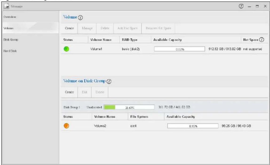 Storage Overview Volume Create Manage Delete Add Hot Spare Remove Hot Spare Disk Group Hard Disk Volume ① Status Volume Name RAID Type Available Capacity Hot Spare ① Volume1 basic (disk2) 0.02% 912.82 GB / 913.02 GB not supported Volume on Disk Group ② Create Edit Delete Disk Group 1 Unallocated 21.67% 361.72 GB / 461.82 GB Status Volume Name File System Available Capacity Volume2 ext4 0.19% 98.25 GB / 98.43 GB