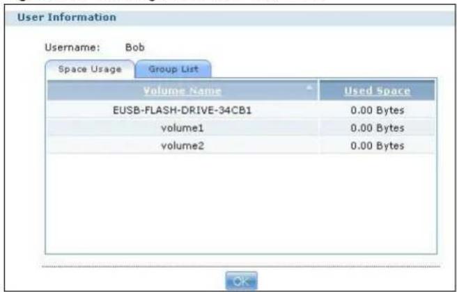 User Information Username: Bob Space Usage Group List Volume Name Used Space EUSB-FLASH-DRIVE-34CB1 0.00 Bytes volume1 0.00 Bytes volume2 0.00 Bytes