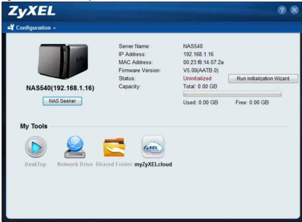 ZyXEL Configuration NAS540(192.168.1.16) Server Name: IP Address: MAC Address: Firmware Version: Status: Capacity: NAS540 192.168.1.16 00:23:f8:14:07.2a V5.00(AATB.0) Uninitialized Total: 0.00 GB Run Initialization Wizard NAS Seeker Used: 0.00 GB Free: 0.00 GB My Tools Desktop Network Drive Shared Folder myZyXELcloud
