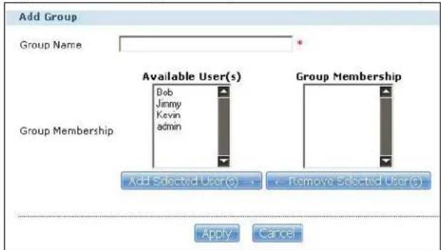 Add Group Group Name Available User(s) Bob Jimmy Kevin admin Group Membership Add Selected User(○) Remove Selected User(○) Apply Cancel