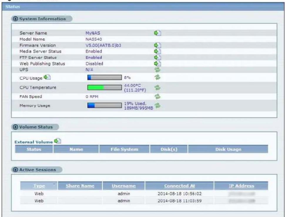 Status System Information Server Name MyNAS Model Name NAS540 Firmware Version V5.00(AATB.0)b3 Media Server Status Enabled FTP Server Status Enabled Web Publishing Status Disabled UPS N/A CPU Usage 8% CPU Temperature 44.00°C (111.20°F) FAN Speed 0 RPM Memory Usage 19% Used, 189MB/995MB Volume Status External Volume Status Name File System Disk(s) Disk Usage Active Sessions Type Share Name Username Connected At IP Address Web admin 2014-08-18 10:56:02 Web admin 2014-08-18 11:03:59