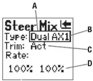 Steer Mix Type: Dual AX1 Trim: Act Rate: 100% 100% A B C D