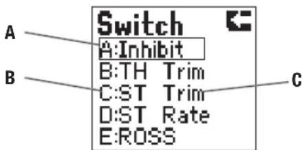 Switch A:Inhibit B:TH Trim C:ST Trim D:ST Rate E:ROSS A B C