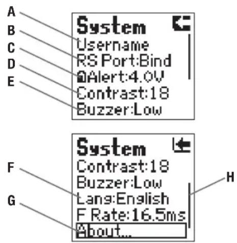 A B C D E System Username RS Port:Bind Alert:4.0V Contrast:18 Buzzer:Low F G System Contrast:18 Buzzer:Low Lang:English F Rate:16.5ms About...