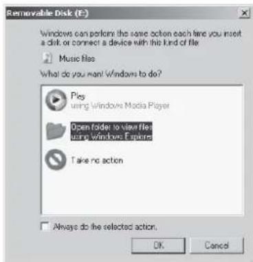 Removable Disk (E) Windows can perform the same action each time you insert a disk or connect a device with this kind of file Music files What do you want Windows to do? Play using Windows Media Player Open folder to view file using Windows Express Take no action Always do the selected action. OK Cancel