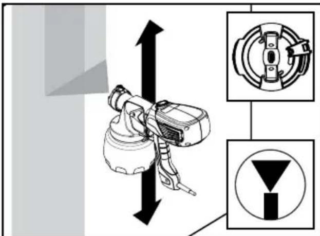 Diagram showing a spray gun mechanism with directional arrows and labeled components including a circular component and a warning symbol.