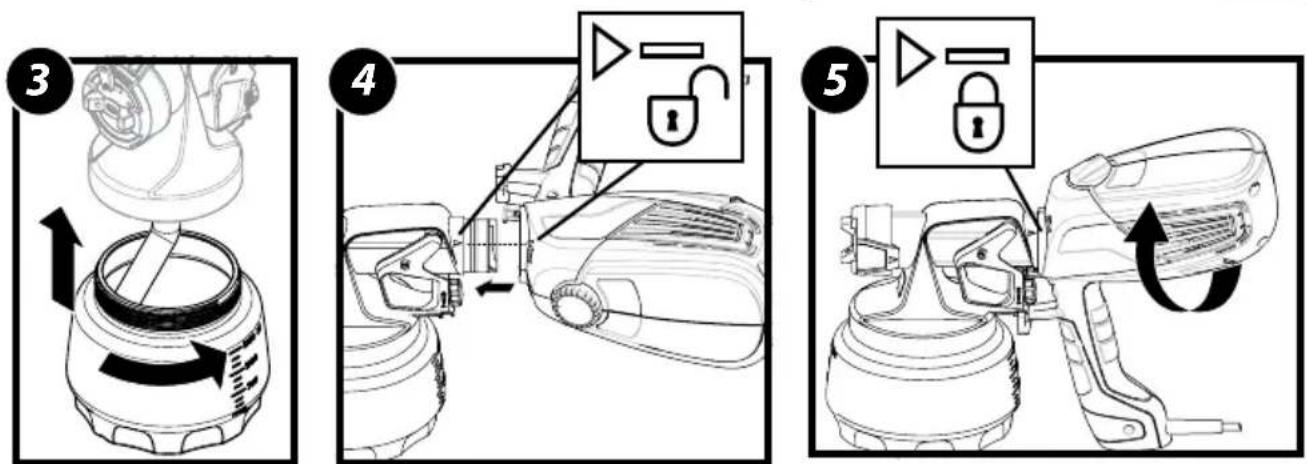 Diagram showing three steps of a spray gun assembly: press, lock switch, and lock mechanism with numbered instructions.