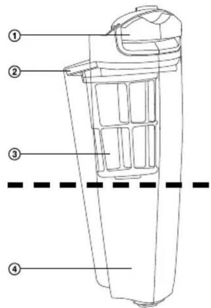 Technical diagram of a device with numbered parts labeled 1 to 4, showing internal structure and dashed reference lines.