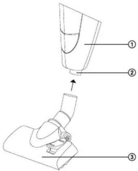Technical diagram showing three labeled parts of a mechanical device with arrows indicating assembly or adjustment.