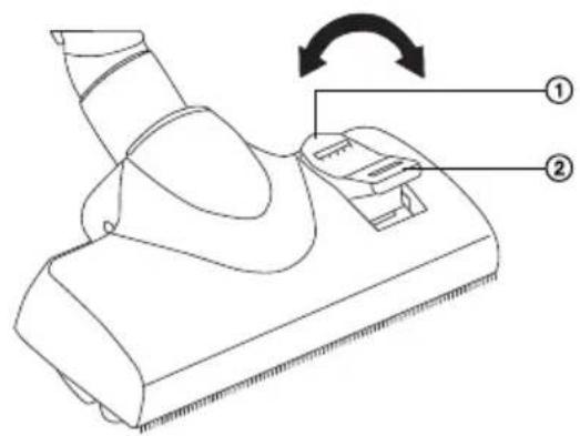 Diagram of a vacuum cleaner with labeled parts and directional arrow indicating rotation or adjustment