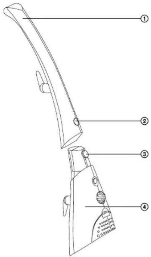 Technical diagram of a device with numbered parts labeled 1 to 4, showing internal components and part labels.