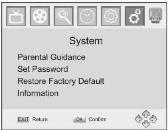 System Parental Guidance Set Password Restore Factory Default Information EXIT Return OK Confirm