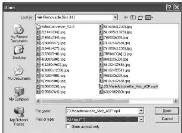 Open Look in: Video converter_Y2.9 5(1600x1200).jpg 5(1985x1325).jpg 7(000X620).jpg 7(1024X768).jpg 7(1800x1200).jpg 76RbbCQA[1].jpg 8(000X620).jpg 8(1024X768).jpg 0(1024X551).jpg 9(000X620).jpg 9(1024X768).jpg 23 MarieAntonette_Mob_ASP.mp4 63(510X800).jpg File type: 23 MarieAntonette_Mob_ASP.mp4 Files of type: All Files (*) Open as read only My Recent Documents Desktop My Documents My Computer My Network Places