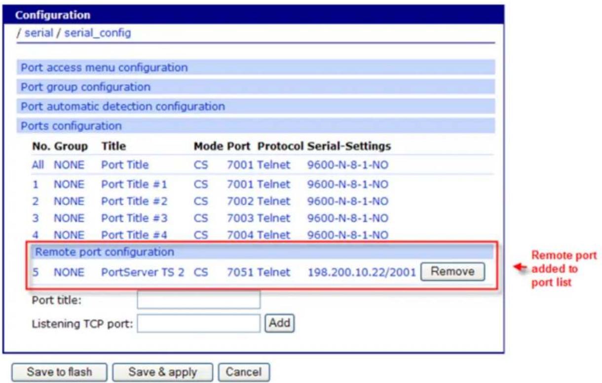 Configuration / serial / serial_config Port access menu configuration Port group configuration Port automatic detection configuration Ports configuration No. Group Title Mode Port Protocol Serial-Settings All NONE Port Title CS 7001 Telnet 9600-N-8-1-NO 1 NONE Port Title #1 CS 7001 Telnet 9600-N-8-1-NO 2 NONE Port Title #2 CS 7002 Telnet 9600-N-8-1-NO 3 NONE Port Title #3 CS 7003 Telnet 9600-N-8-1-NO 4 NONE Port Title #4 CS 7004 Telnet 9600-N-8-1-NO Remote port configuration 5 NONE PortServer TS 2 CS 7051 Telnet 198.200.10.22/2001 Remove Port title: Listening TCP port: Added Save to flash Save & apply Cancel Remote port added to port list