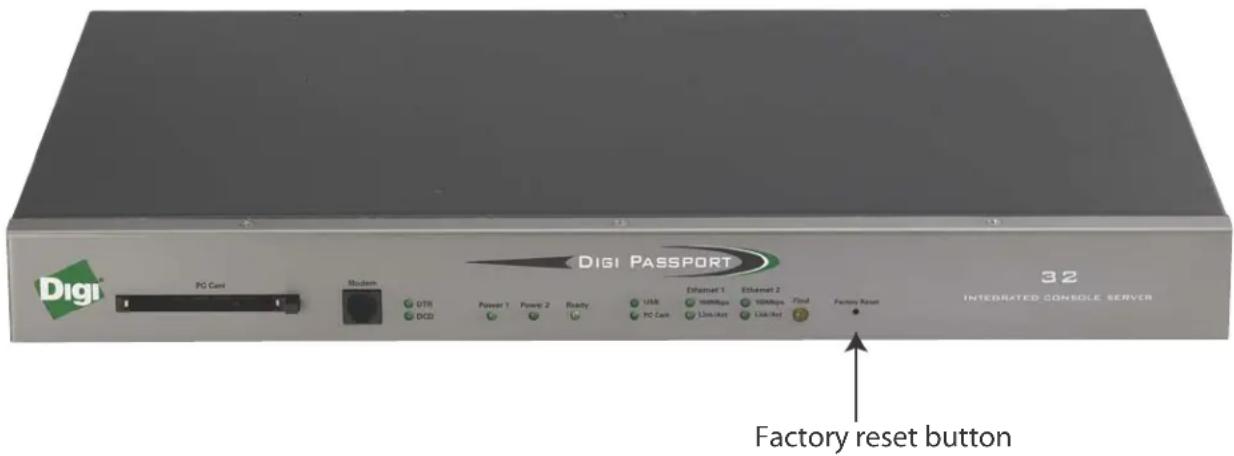 Digi PC Cart Modern GTR DCD Power 1 Power 2 Ready USB Internet Internet Find PC Cart Internet Link/Act Link/Adj Factory reset button 32 INTEGRATED CONSOLE SERVER Factory reset button