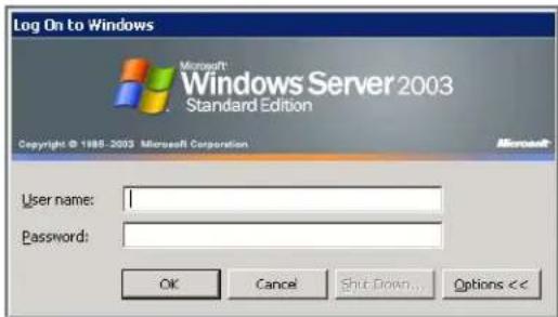 Log On to Windows Microsoft Windows Server 2003 Standard Edition Copyright © 1985-2003 Microsoft Corporation User name: Password: OK Cancel Shut Down... Options <<