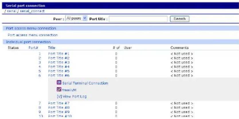 Serial port connection /serial / serial_connect Peer: All poors Port title: Search Port access menu connection Port access menu connection Individual port connection Status Port# Title # of User Comments 1 Port Title #1 0 < Not used > 2 Port Title #2 0 < Not used > 3 Port Title #3 0 < Not used > 4 Port Title #4 0 < Not used > 5 Port Title #5 0 < Not used > 6 Port Title #6 0 < Not used > Serial Terminal Connection freeXVM [V] View Port Log 7 Port Title #7 0 < Not used > 8 Port Title #8 0 < Not used > 9 Port Title #9 0 < Not used > 10 Port Title #10 0 < Not used >