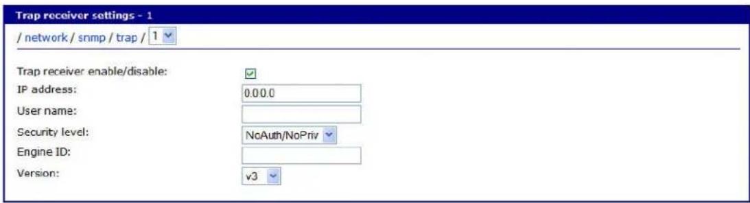 Trap receiver settings - 1 / network / snmp / trap / 1 Trap receiver enable/disable: IP address: 0.0.0.0 User name: Security level: NoAuth/NoPriv Engine ID: Version: v3