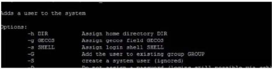 Adds a user to the system Options: -h DIR Assign home directory DIR -g GECOS Assign gecos field GECOS -s SHELL Assign login shell SHELL -G Add the user to existing group GROUP -S create a system user (ignored) D Do not assign a password (logging still possible via sub)