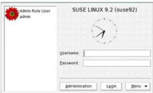 Admin Role User admin SUSE LINUX 9.2 (suse92) Username: Password: Administration Login Menu
