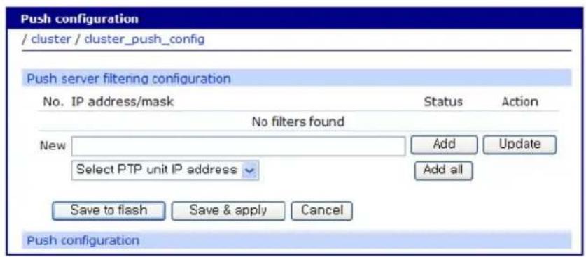 Push configuration / cluster / cluster_push_config Push server filtering configuration No. IP address/mask Status Action No filters found New Add Update Select PTP unit IP address Add all Save to flash Save & apply Cancel Push configuration