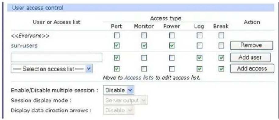 User access control User or Access list Access type Port Monitor Power Log Break <> Sun-users Remove Add user — Select an access list — Add access Move to Access lists to edit access list. Enable/Disable multiple session : Disable Session display mode : Server output Display data direction arrows : Disable