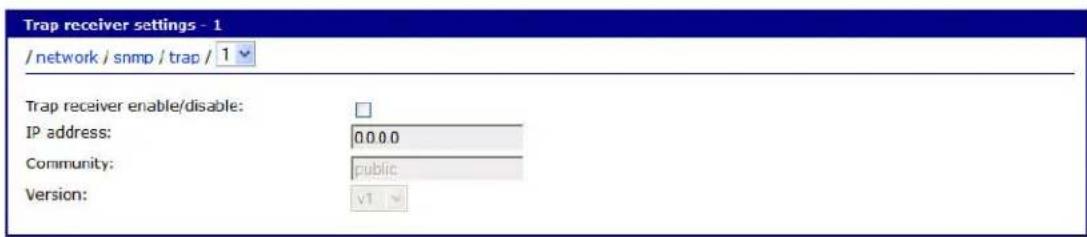 Trap receiver settings - 1 / network / snmp / trap / 1 Trap receiver enable/disable: IP address: 0.0.0.0 Community: public Version: v1