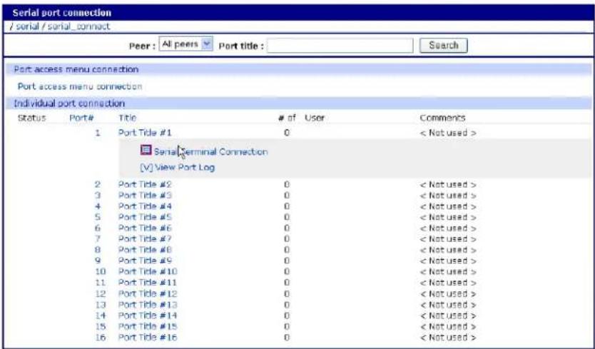 Serial port connection /serial / serial_connect Peer: All peers Port title: Search Port access menu connection Port access menu connection Individual port connection Status Port# Title # of User Comments 1 Port Title #1 0 < Not used > Serial Terminal Connection [V] View Port Log 2 Port Title #2 0 < Not used > 3 Port Title #3 0 < Not used > 4 Port Title #4 0 < Not used > 5 Port Title #5 0 < Not used > 6 Port Title #6 0 < Not used > 7 Port Title #7 0 < Not used > 8 Port Title #8 0 < Not used > 9 Port Title #9 0 < Not used > 10 Port Title #10 0 < Not used > 11 Port Title #11 0 < Not used > 12 Port Title #12 0 < Not used > 13 Port Title #13 0 < Not used > 14 Port Title #14 0 < Not used > 15 Port Title #15 0 < Not used > 16 Port Title #16 0 < Not used >