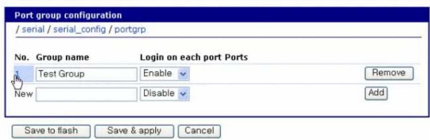 Port group configuration / serial / serial_config / portgrp No. Group name Login on each port Ports Test Group Enable Remove New Disable Add Save to flash Save & apply Cancel